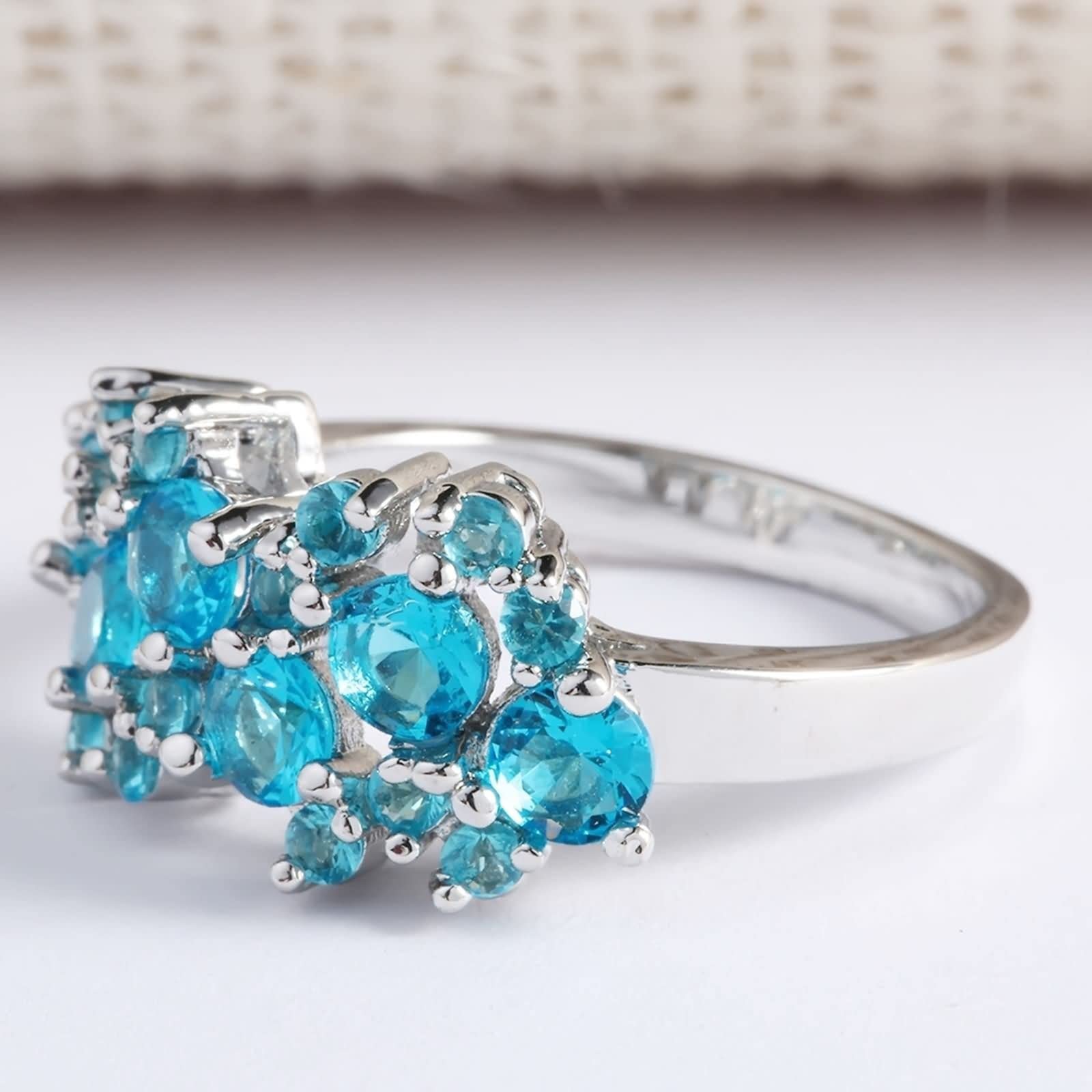 Promise Rings Women, Rings Silver Light Blue Flower with Round Cubic Zirconia Size 7 Valentine's Day Ring Gift