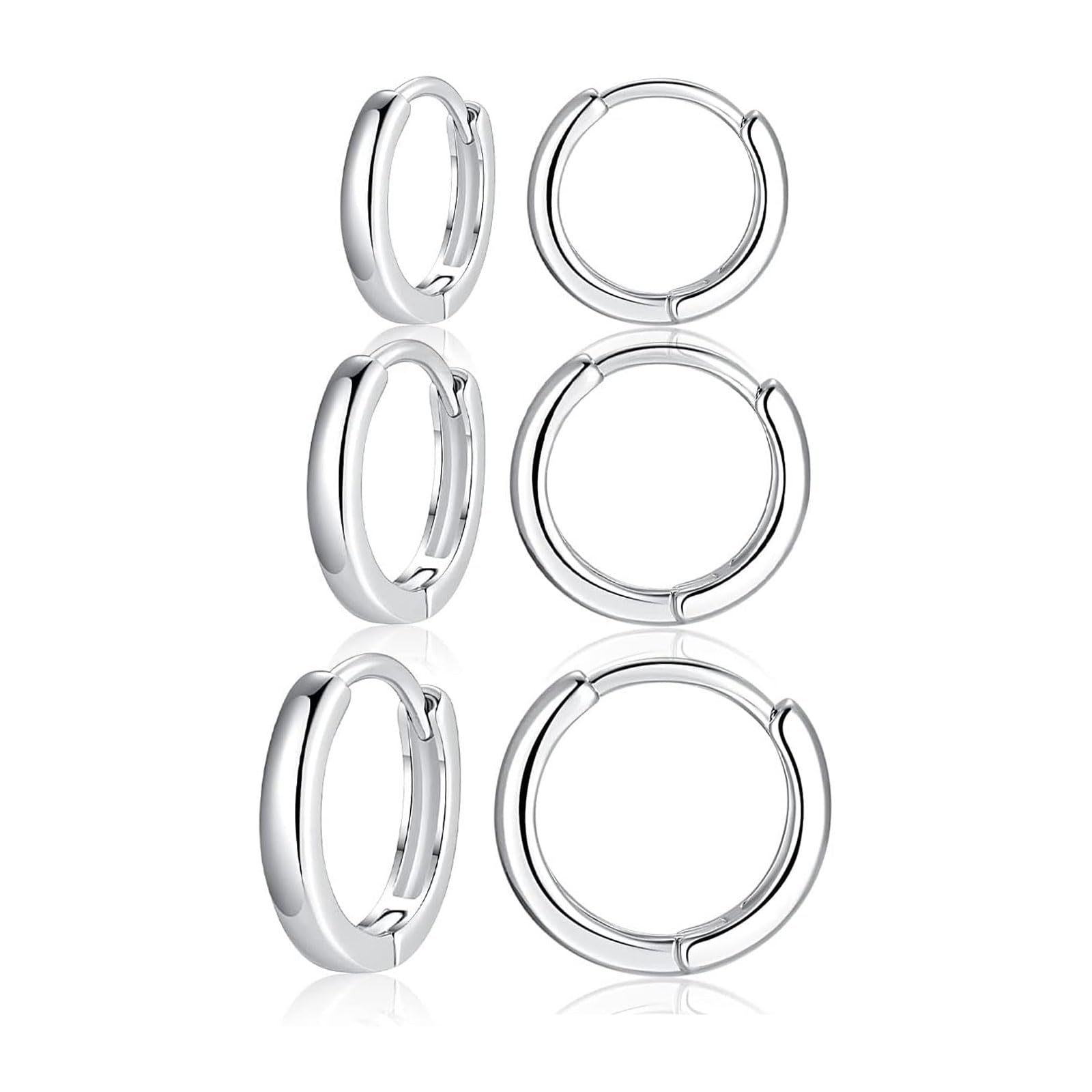 3 Pairs Sterling Silver Earrings Sets for Multiple Piercing Small White Gold Plated Huggie Hoop Earrings for Women Trendy Cartilage Hypoallergenic(10 13 15MM)