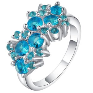 Promise Rings Women, Rings Silver Light Blue Flower with Round Cubic Zirconia Size 7 Valentine's Day Ring Gift