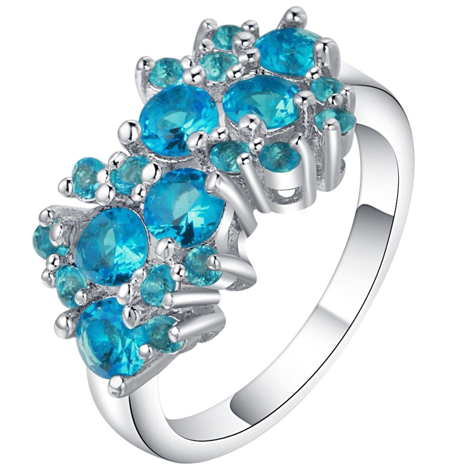 Promise Rings Women, Rings Silver Light Blue Flower with Round Cubic Zirconia Size 7 Valentine's Day Ring Gift