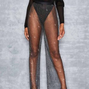 Lorealri Mesh Fishnet Pants Black Rhinestone Leggings Sparkly Crystal Cover Up Hollow Out See Through Bottoms Bikini,47.2in/120cm