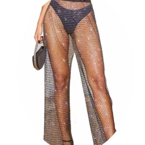 Lorealri Mesh Fishnet Pants Black Rhinestone Leggings Sparkly Crystal Cover Up Hollow Out See Through Bottoms Bikini,47.2in/120cm