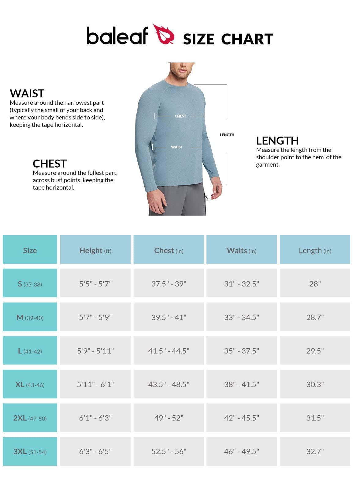 BALEAF Men's UPF 50+ Long Sleeve Shirts Soft Rash Guard Breathable Lightweight Workout Running Hiking Tops Light Blue L