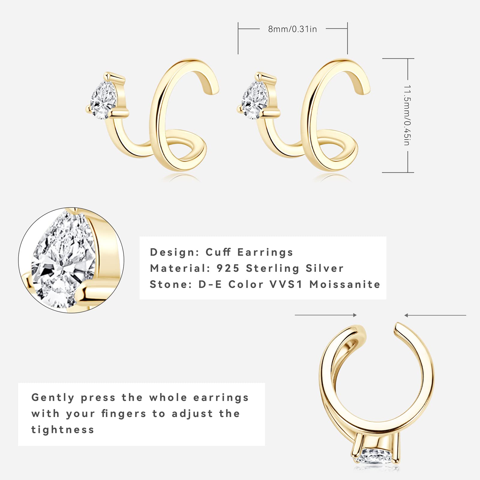 AINUOSHI Ear Cuff Earrings for Women Moissanite Earrings Non-Piercing Clip On Cartilage, 925 Sterling Silver with 14K Yellow Gold Plated, Hypoallergenic, Jewelry Box Packed