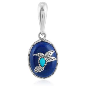 American West Genuine Lapis and Blue Turquoise Sterling Silver Women's Hummingbird Pendant Enhancer