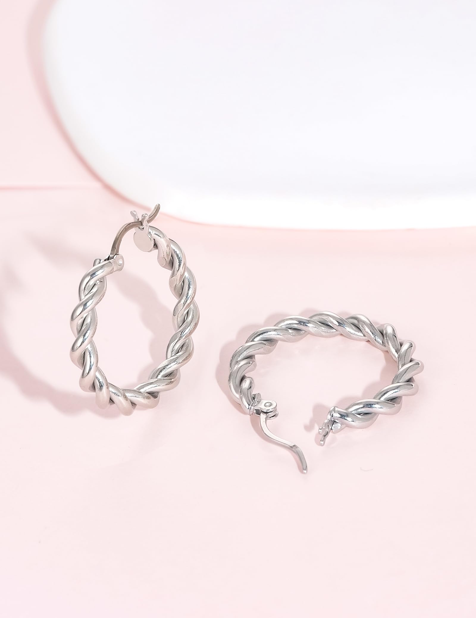 Limerencia hypoallergenic Pure Titanium Twisted Rope Round Hoop Earrings for women (24mm Twisted Rope Hoop, Silver)