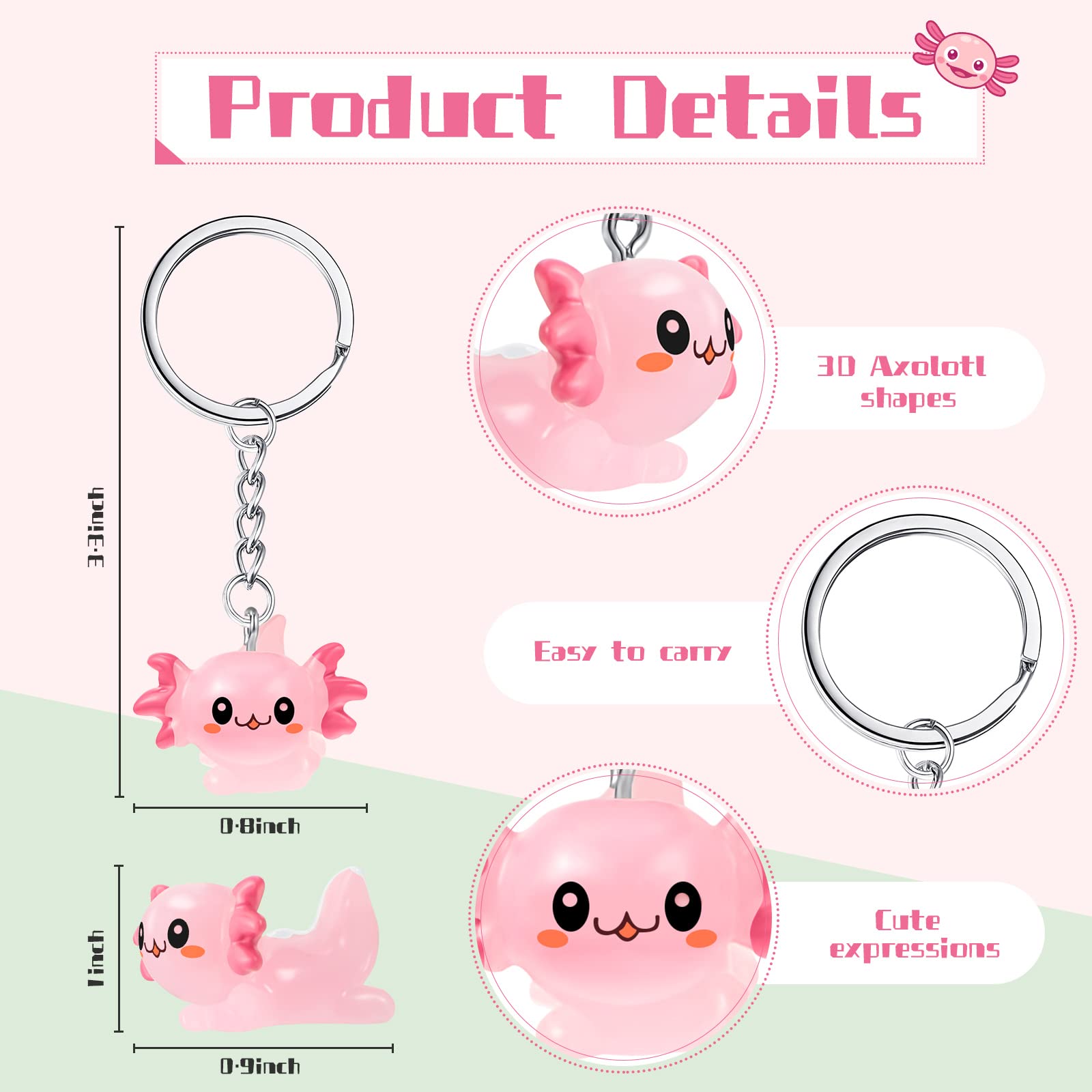 12 Pcs Axolotl Keychain Cartoon Keychain 3D Axolotl Birthday Decorations Kawaii Axolotl Party Favors Axolotl Charms Pendant Accessories for Key Backpack, Birthday(Cute)