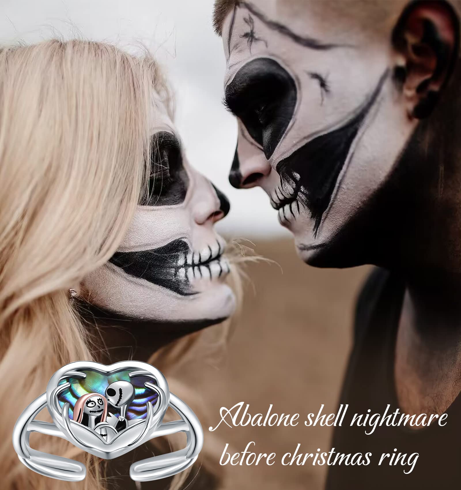 JZSANTI Jack Skellington Gifts for Women - Nightmare Before Christmas Gifts Sterling Silver Jack and Sally Rings with CZ Jack Skellington Skull Ring Halloween Gifts Christmas Jewelry Valentine's Day Gifts for Her