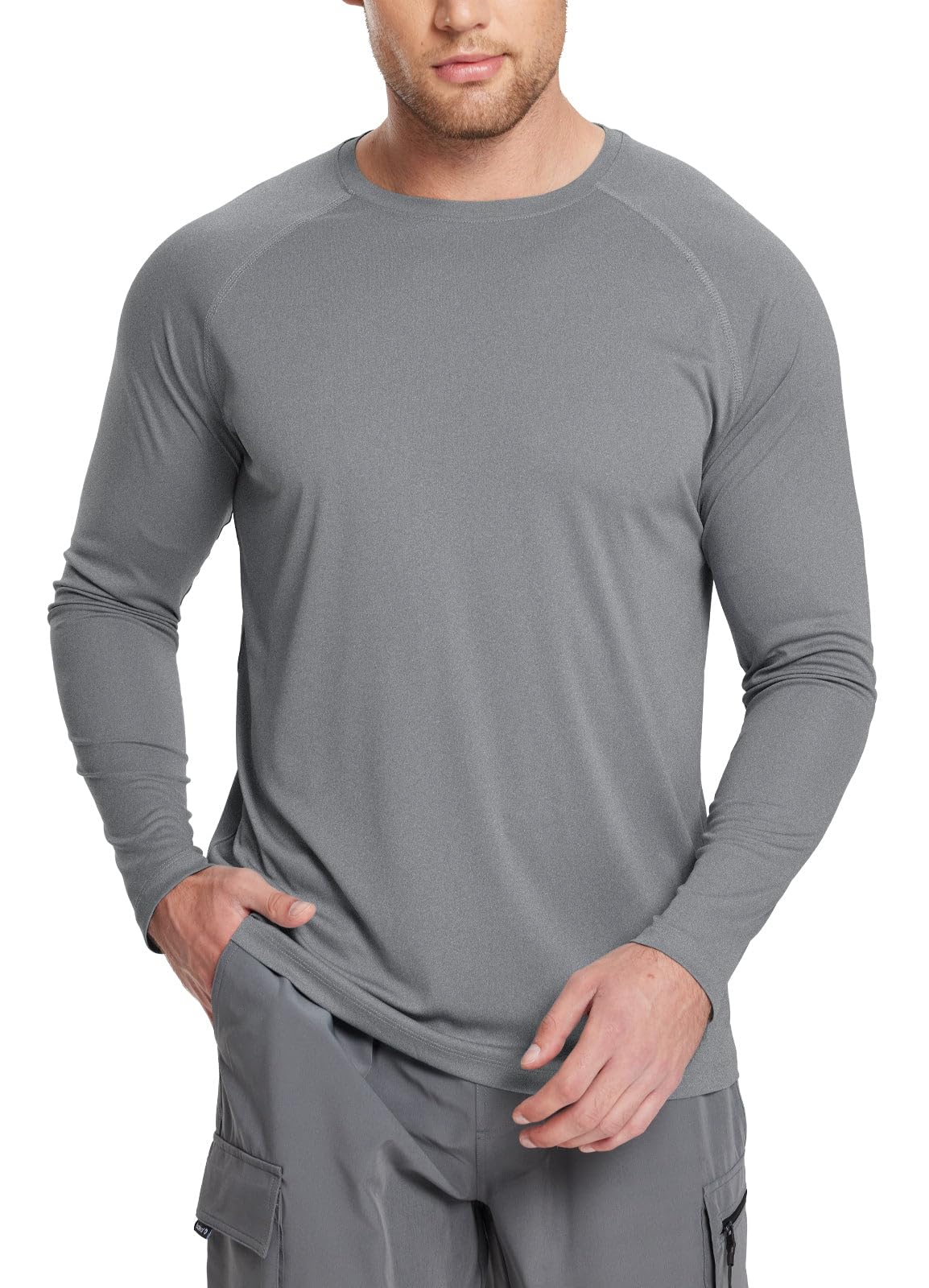 BALEAF Men's Long Sleeve Running Shirts Workout Tops Quick Dry SPF Rash Guard Lightweight Hiking Sun Protection t Shirt Grey M