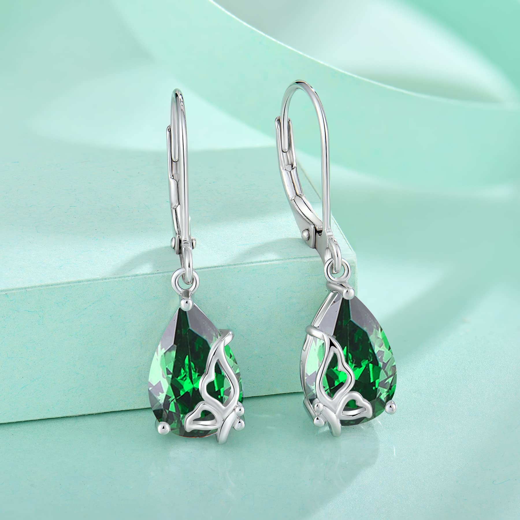 Blaniy Teardrop Dangle Drop Earrings for Women 925 Sterling Silver Emerald May Birthstone Earrings Butterfly Leverback Earrings Jewelry Gifts for Mom Wife Her