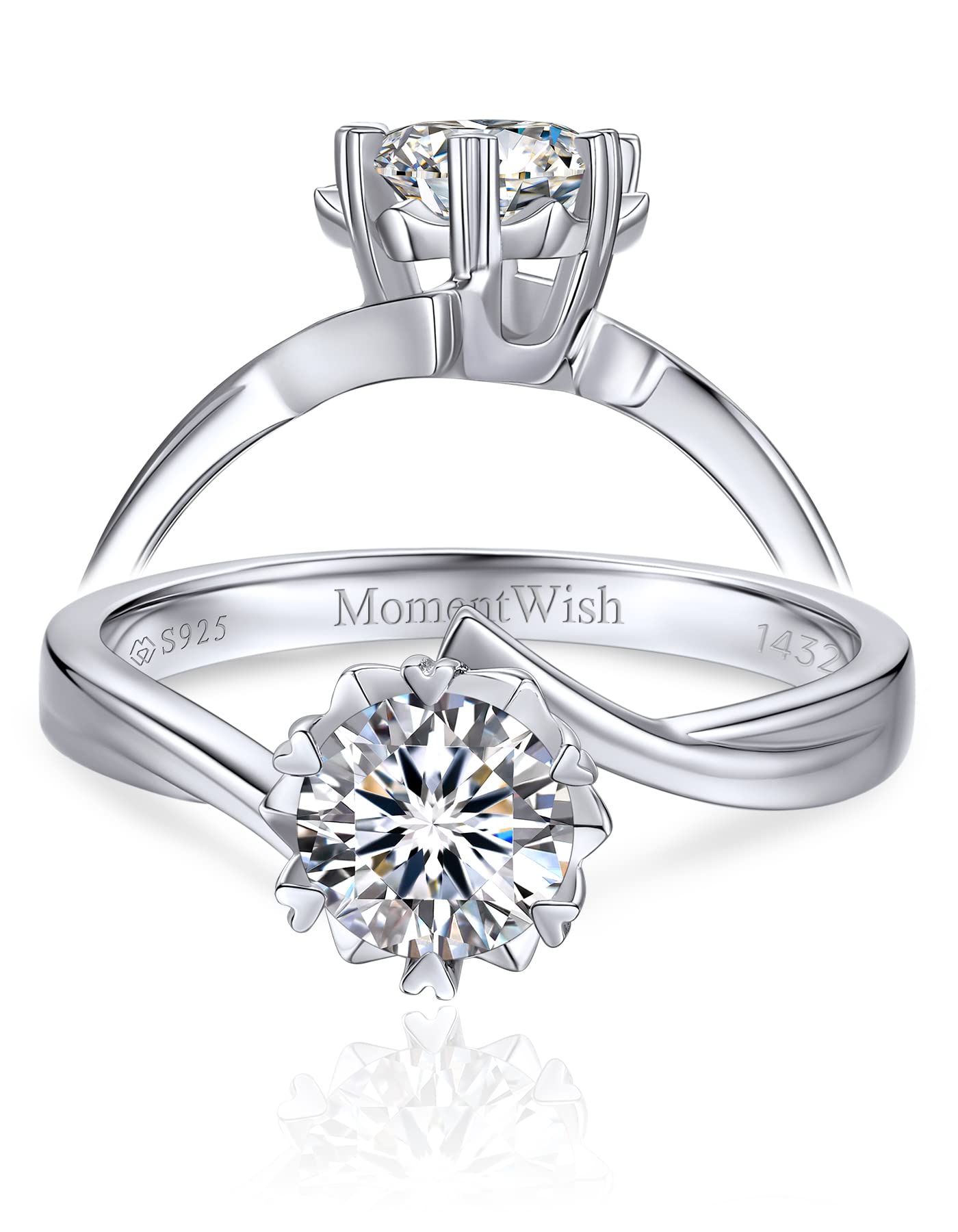 MomentWish Moissanite Rings, 1Carat Personalized Moissanite Silver Rings for Women,D Color VVS1 Simulated Diamond 925 Sterling Silver Solitaire Rings-Size10.5