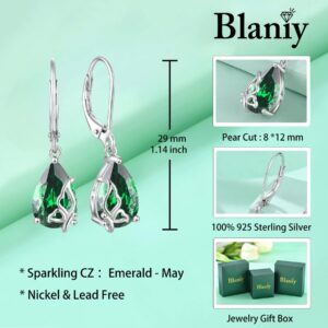 Blaniy Teardrop Dangle Drop Earrings for Women 925 Sterling Silver Emerald May Birthstone Earrings Butterfly Leverback Earrings Jewelry Gifts for Mom Wife Her