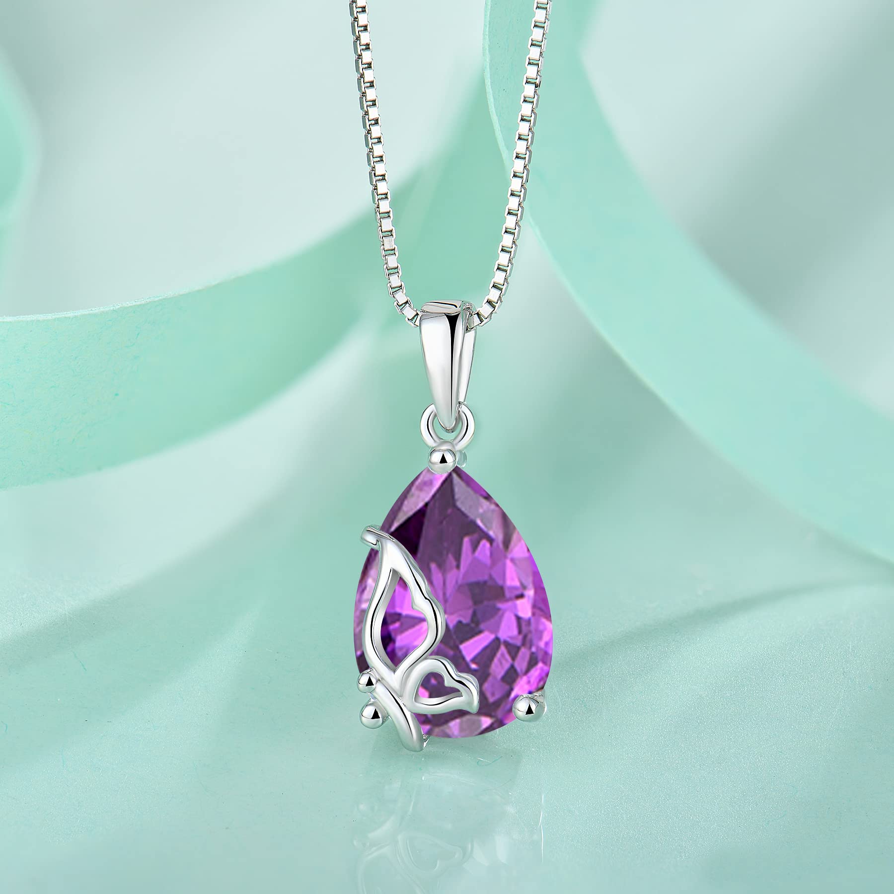 Blaniy February Birthstone Necklace for Women 925 Sterling Silver Amethyst Necklace Butterfly Pendant Birthday Mothers Day Anniversary Christmas Teardrop Butterflies Jewelry Gifts for Her