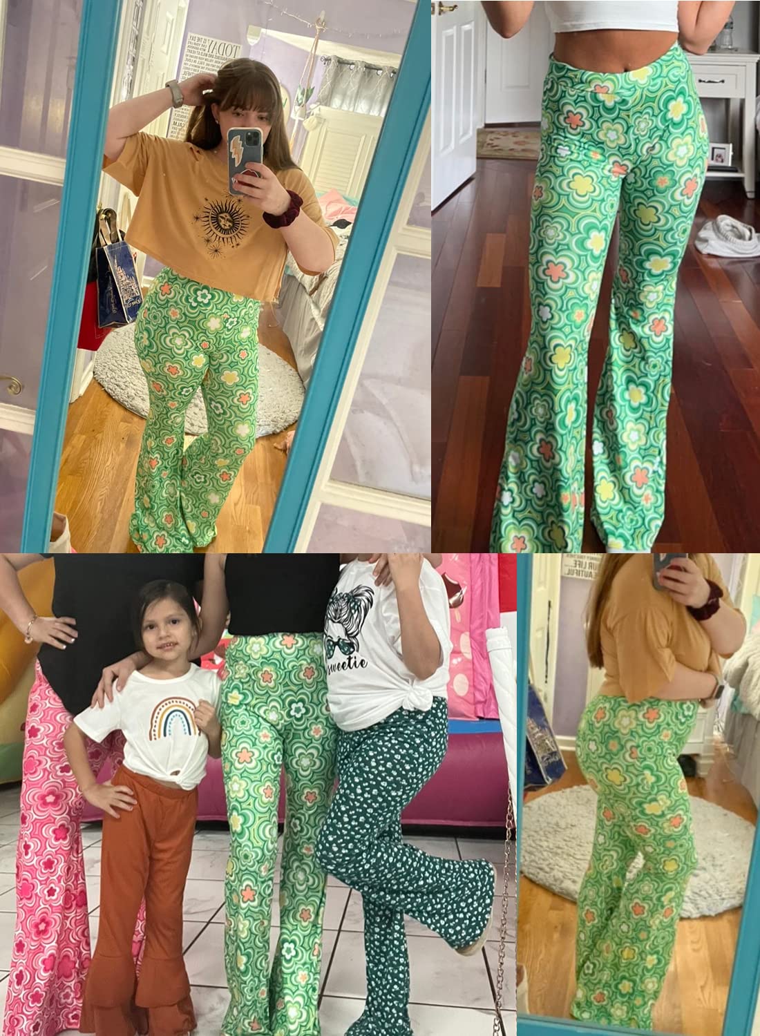 70s Flare Pants for Women - EDC Rave Festival Outfit High Waist Bell Bottom Boho Cute Groovy Disco Trousers(Green, M, 1050e)