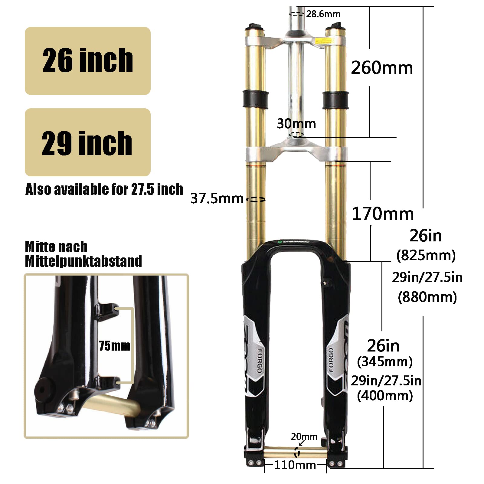 BUCKLOS 26 27.5 29 MTB Bike Suspension Fork 180mm Travel, Bicycle Magnesium Alloy Downhill Forks 20mm Axle, 1-1/8" Threadless Mountain Bikes Fork