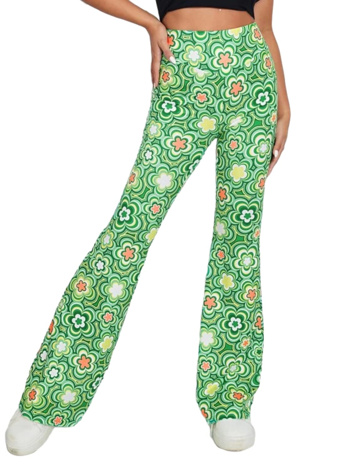 70s Flare Pants for Women - EDC Rave Festival Outfit High Waist Bell Bottom Boho Cute Groovy Disco Trousers(Green, M, 1050e)