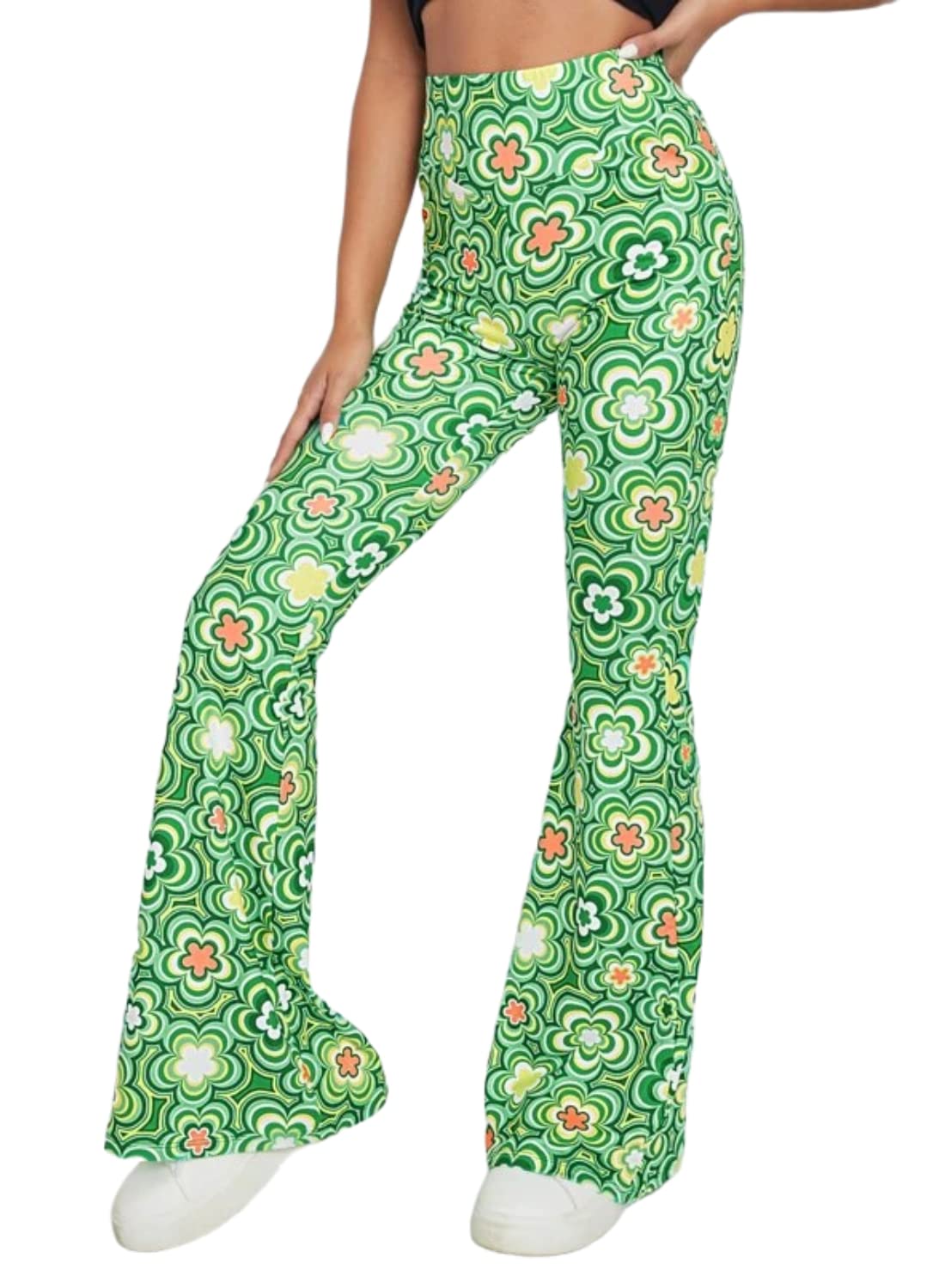 70s Flare Pants for Women - EDC Rave Festival Outfit High Waist Bell Bottom Boho Cute Groovy Disco Trousers(Green, M, 1050e)