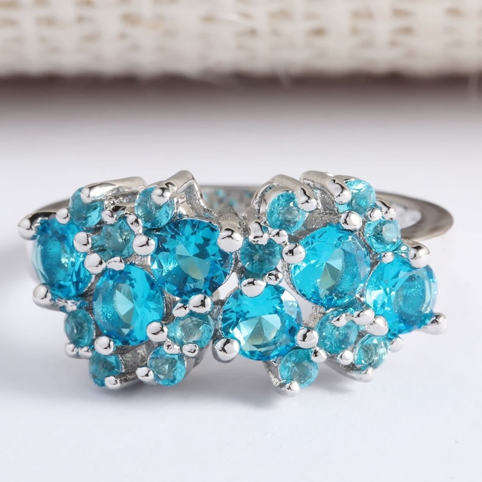 Promise Rings Women, Rings Silver Light Blue Flower with Round Cubic Zirconia Size 7 Valentine's Day Ring Gift