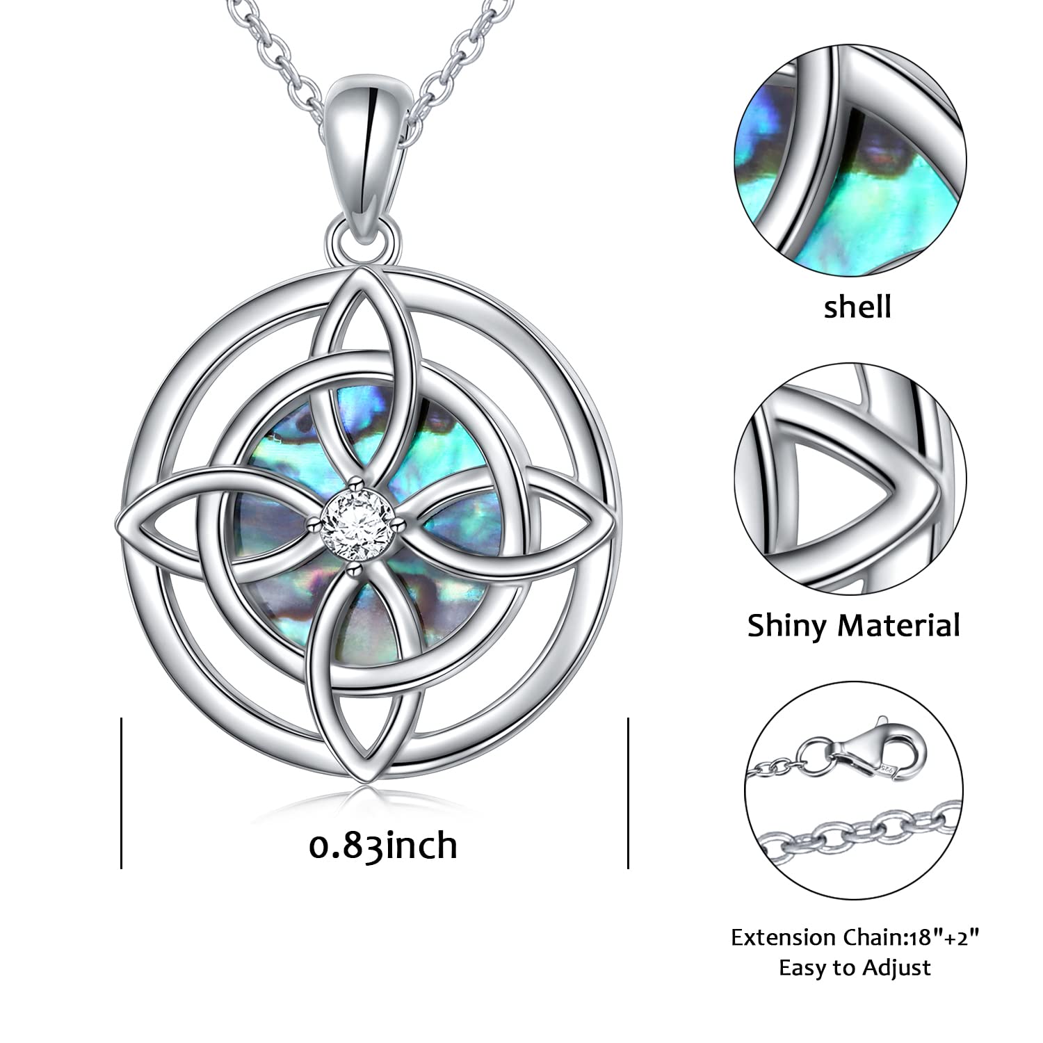 925 Sterling Silver Good Luck Irish Celtic Knot Jewelry Abalone Shell Witches Knot Pendant Necklace for Women