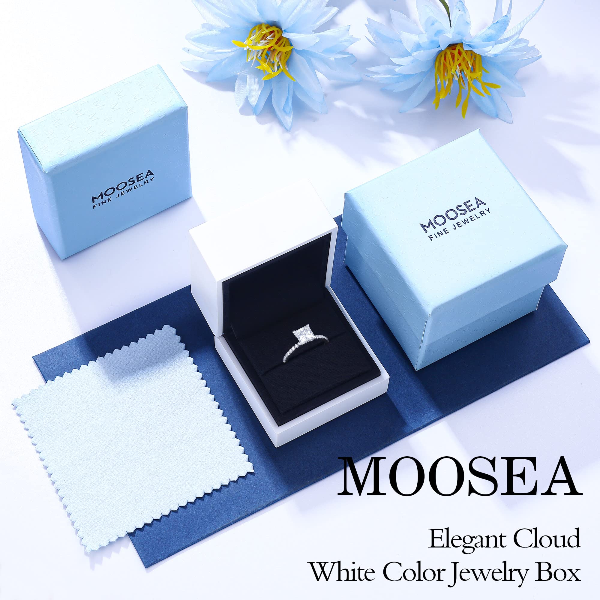 MOOSEA Princess Cut Engagement Ring for Women, 1.5ct D Color VVS1 Clarity Lab Created Diamond Rings 14K White Gold Vermeil V Setting Moissanite Promise Rings for Her Jewelry Gifts