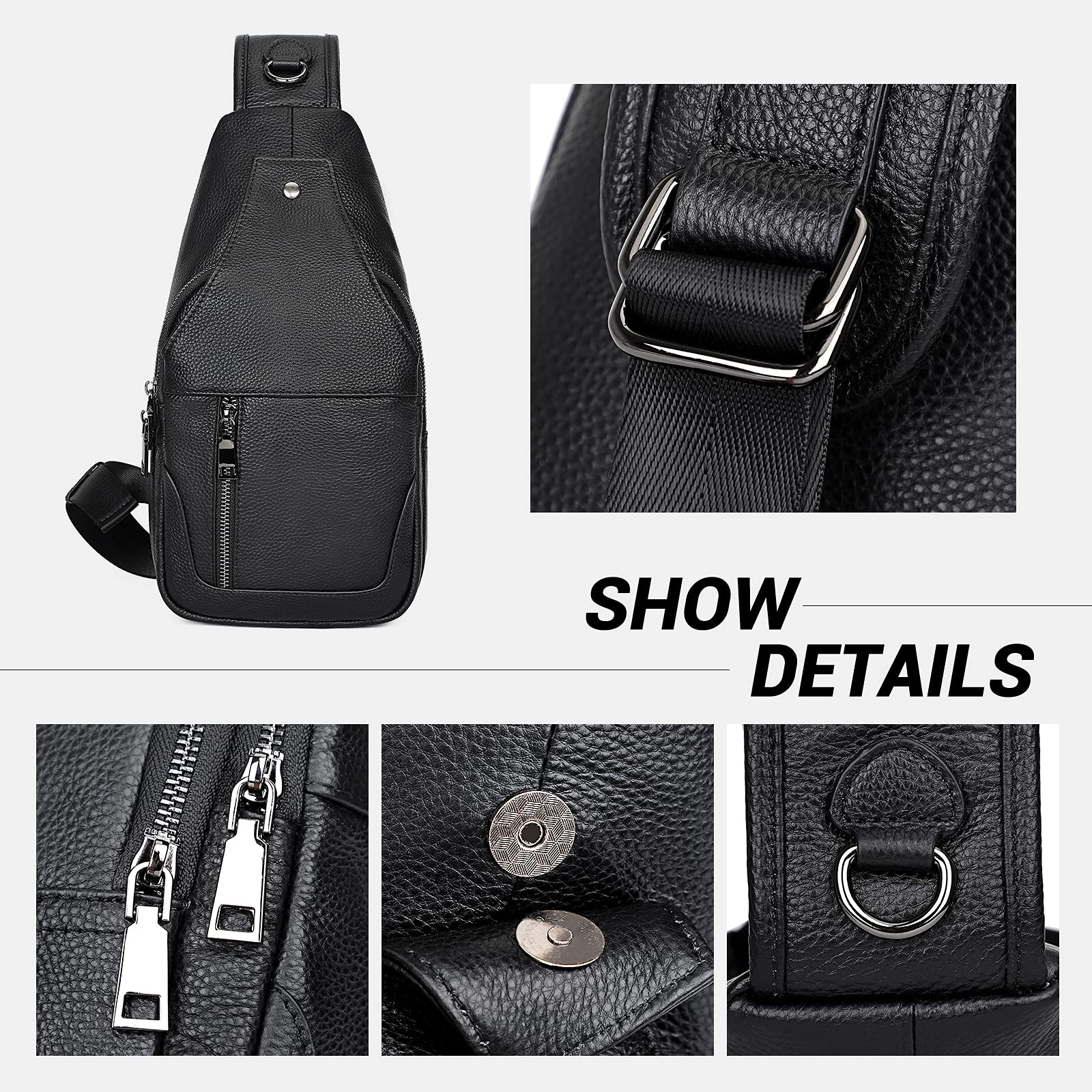 FLO-MOTOR Men's Leather Chest Bag Shoulder Bag for Women Backpack Handbag Crossbody Purse Waterproof Anti Theft Travel Hiking