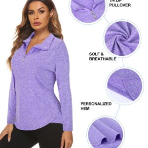 Koscacy V Neck Top Women, Golf Tennis Shirt Breathable Zipper Running Workout Outdoor Tops Yoga Biking Daily Casual Wear Aline Soft Shirts Purple XX-Large