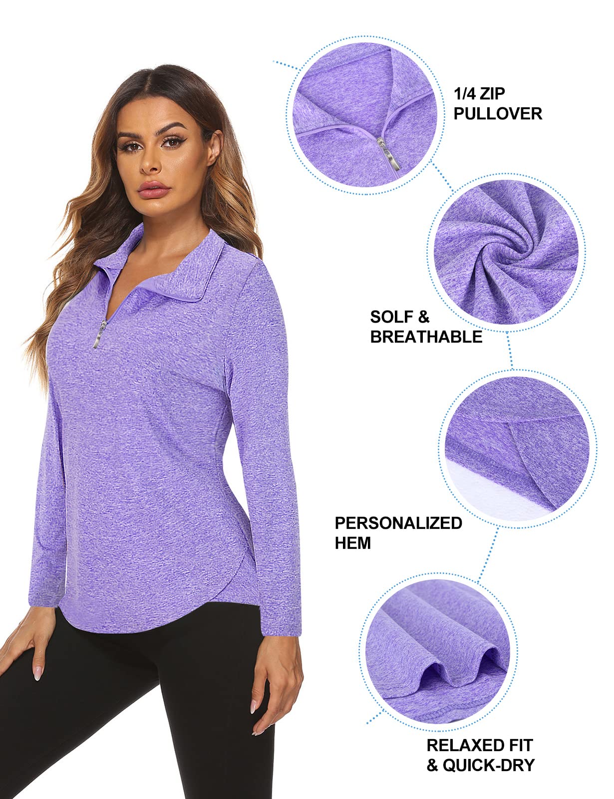 Koscacy V Neck Top Women, Golf Tennis Shirt Breathable Zipper Running Workout Outdoor Tops Yoga Biking Daily Casual Wear Aline Soft Shirts Purple XX-Large