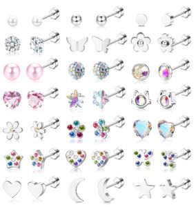 sailimue 21pairs flat back stud earrings for women hypoallergenic surgical steel screw back earrings star moon flower heart butterfly cz tiny cartilage tragus daith helix flatback earrings piercing