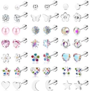 SAILIMUE 21Pairs Flat Back Stud Earrings For Women Hypoallergenic Surgical Steel Screw Back Earrings Star Moon Flower Heart Butterfly CZ Tiny Cartilage Tragus Daith Helix Flatback Earrings Piercing