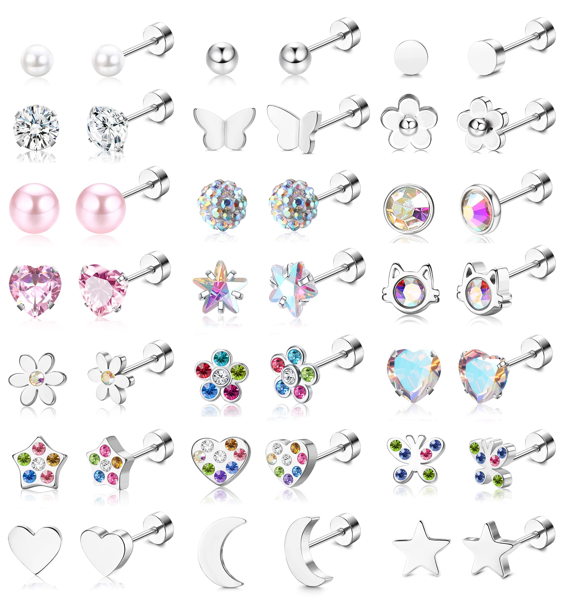 SAILIMUE 21Pairs Flat Back Stud Earrings For Women Hypoallergenic Surgical Steel Screw Back Earrings Star Moon Flower Heart Butterfly CZ Tiny Cartilage Tragus Daith Helix Flatback Earrings Piercing