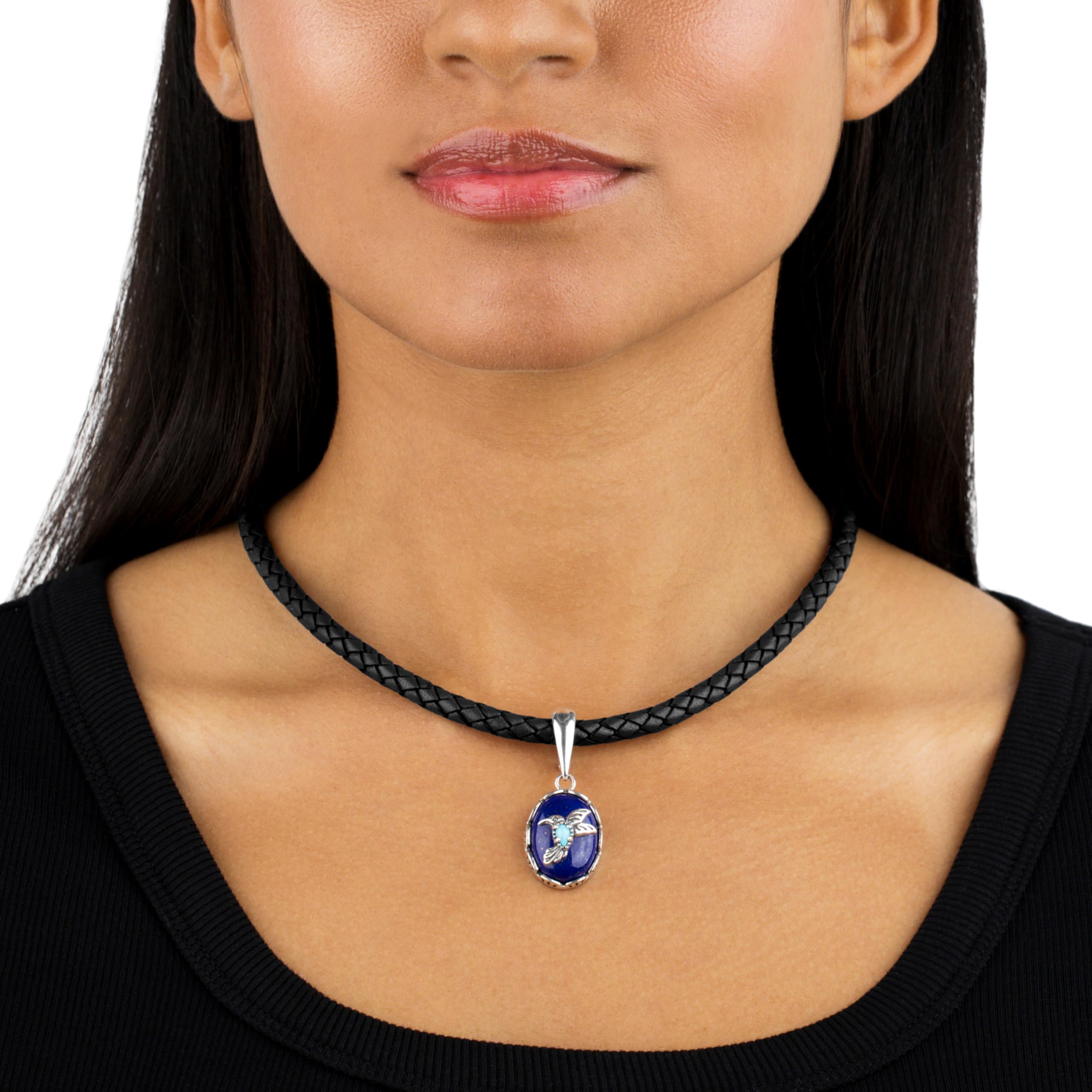 American West Genuine Lapis and Blue Turquoise Sterling Silver Women's Hummingbird Pendant Enhancer