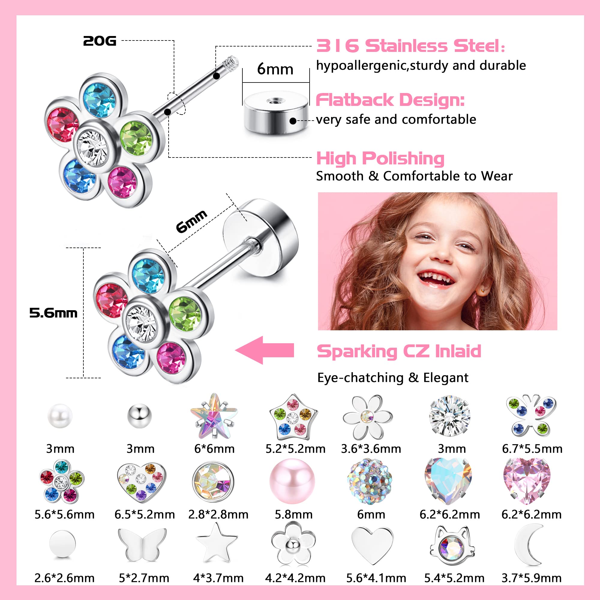 SAILIMUE 21Pairs Flat Back Stud Earrings For Women Hypoallergenic Surgical Steel Screw Back Earrings Star Moon Flower Heart Butterfly CZ Tiny Cartilage Tragus Daith Helix Flatback Earrings Piercing