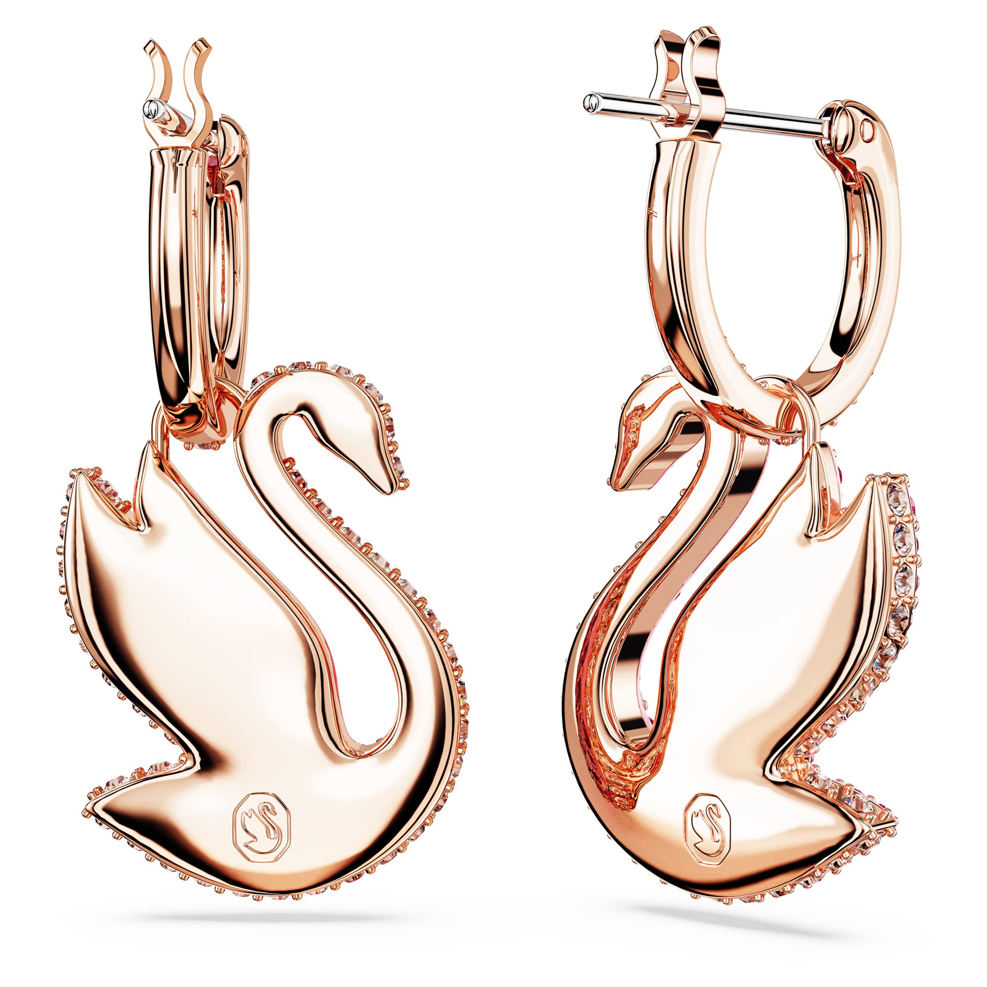 SWAROVSKI Iconic Swan Drop Pierced Earrings, Swan Motif with Pink Crystal Pavé on a rose-gold tone Finished Setting, Part of the Swarovski Iconic Swan Collection