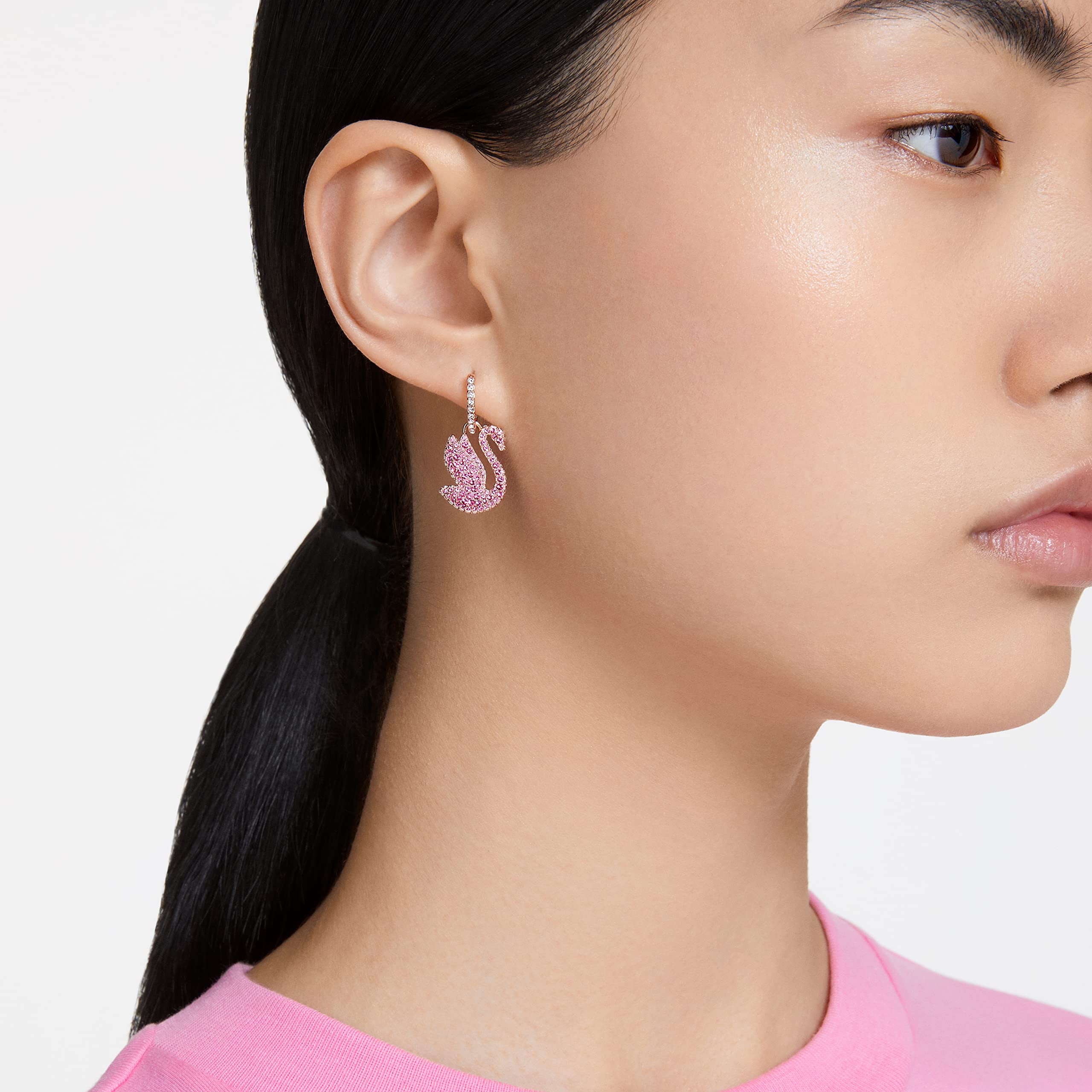 SWAROVSKI Iconic Swan Drop Pierced Earrings, Swan Motif with Pink Crystal Pavé on a rose-gold tone Finished Setting, Part of the Swarovski Iconic Swan Collection