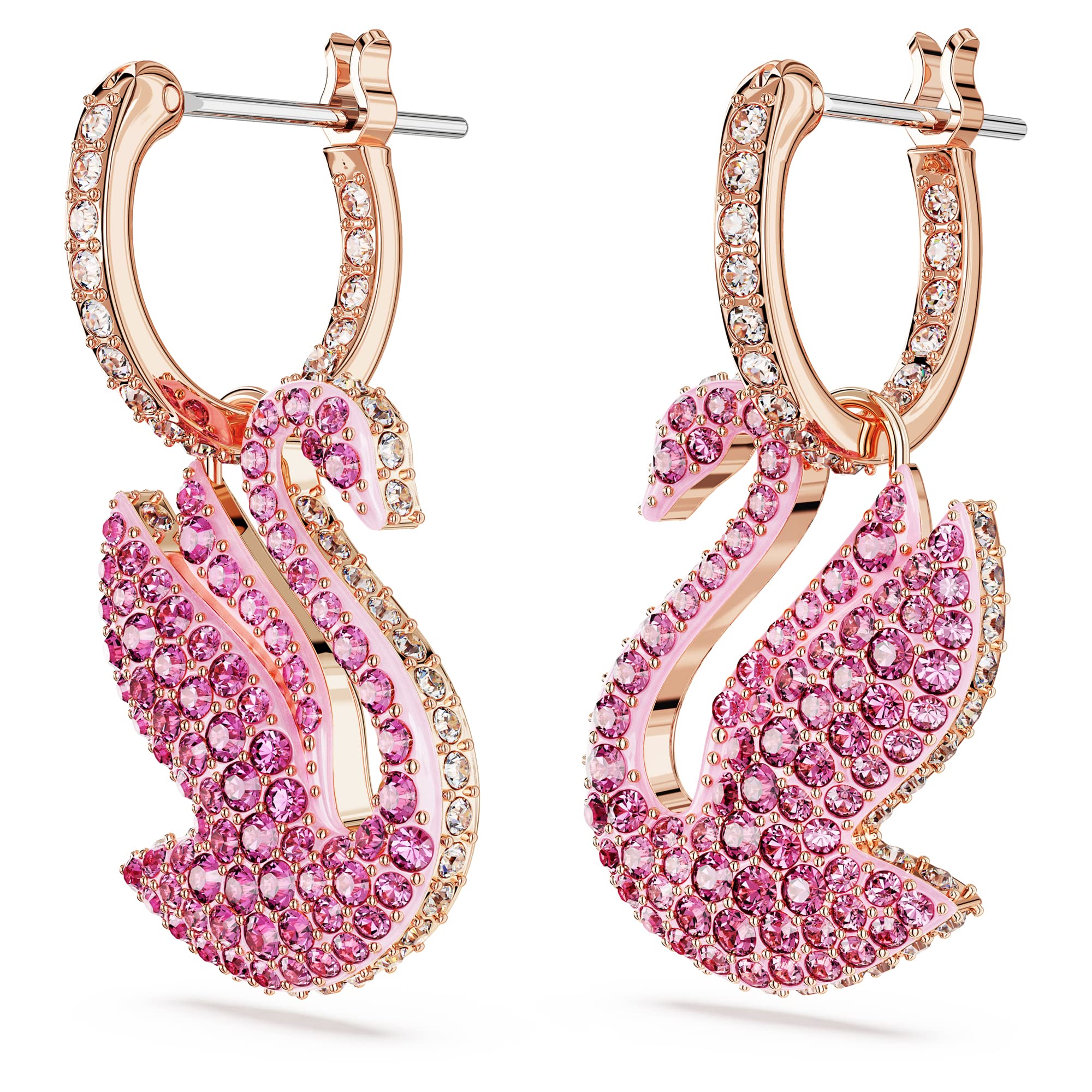 SWAROVSKI Iconic Swan Drop Pierced Earrings, Swan Motif with Pink Crystal Pavé on a rose-gold tone Finished Setting, Part of the Swarovski Iconic Swan Collection