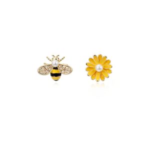 925 sterling silver post bee flower earrings stud cold enamel asymmetric for women and girls jewelry gift