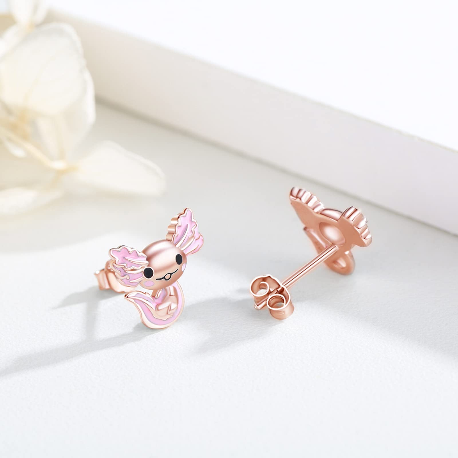 Sterling Silver Axolotl Earrings Rose Gold Earrings Axolotl Studs Pink Axolotl Jewelry for Women Teen Axolotl Gifts on Birthday Christmas