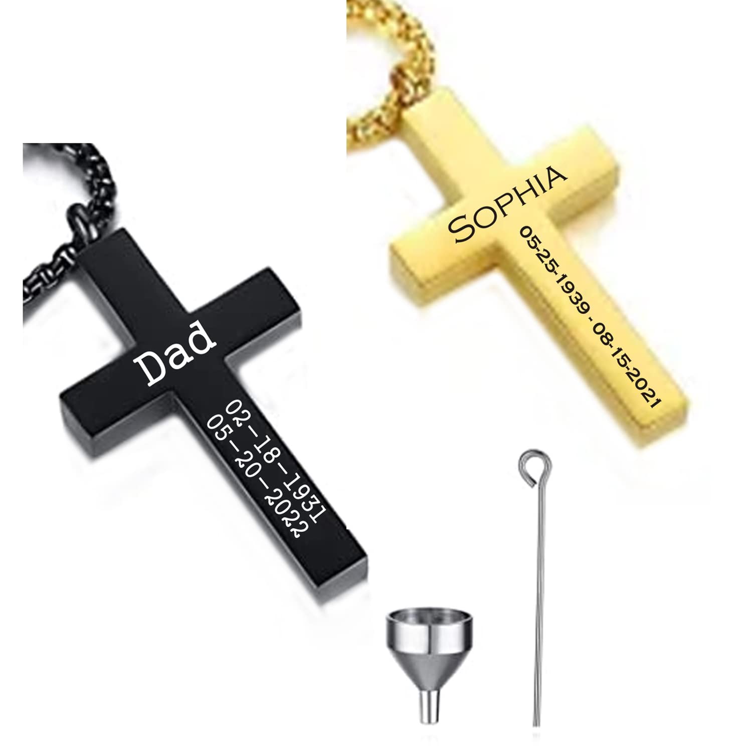 Personalized Custom Engraved CREMATION CROSS URN Necklace Ashes Jewelry Urns Waterproof Pendant Stainless Steel Memorial Ashes Keepsake-B&G