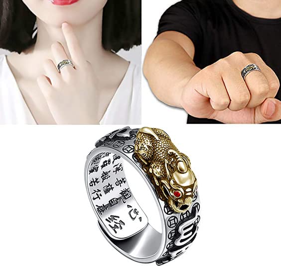 Jeshowmen Feng Shui Ring, Anillo Pixiu Ring, Adjustable Buddhist Heart Sutra Ring for Wealth and Protection Good Luck Money Amulet (A)