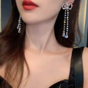 LAKIYOYO Rhinestones Bow Drop Earrings for Women Crystal Silver Bowknot Tassels Statement Earrings Lightweight Shiny Bar Earrings Set Jewelry