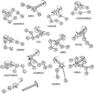 Surgical Steel Internally Threaded CZ Zodiac Constellation Labret Stud (16GA, L: 5/16" (8mm), Gemini)