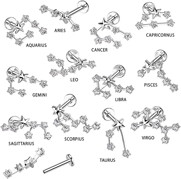 Surgical Steel Internally Threaded CZ Zodiac Constellation Labret Stud (16GA, L: 5/16" (8mm), Gemini)