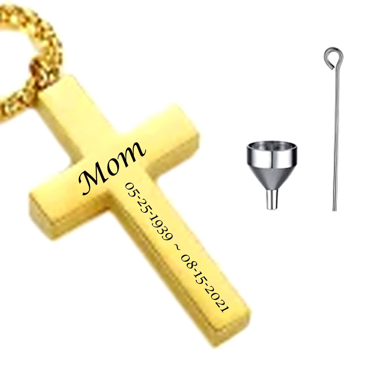 Personalized Custom Engraved CREMATION CROSS URN Necklace Ashes Jewelry Urns Waterproof Pendant Stainless Steel Memorial Ashes Keepsake-B&G