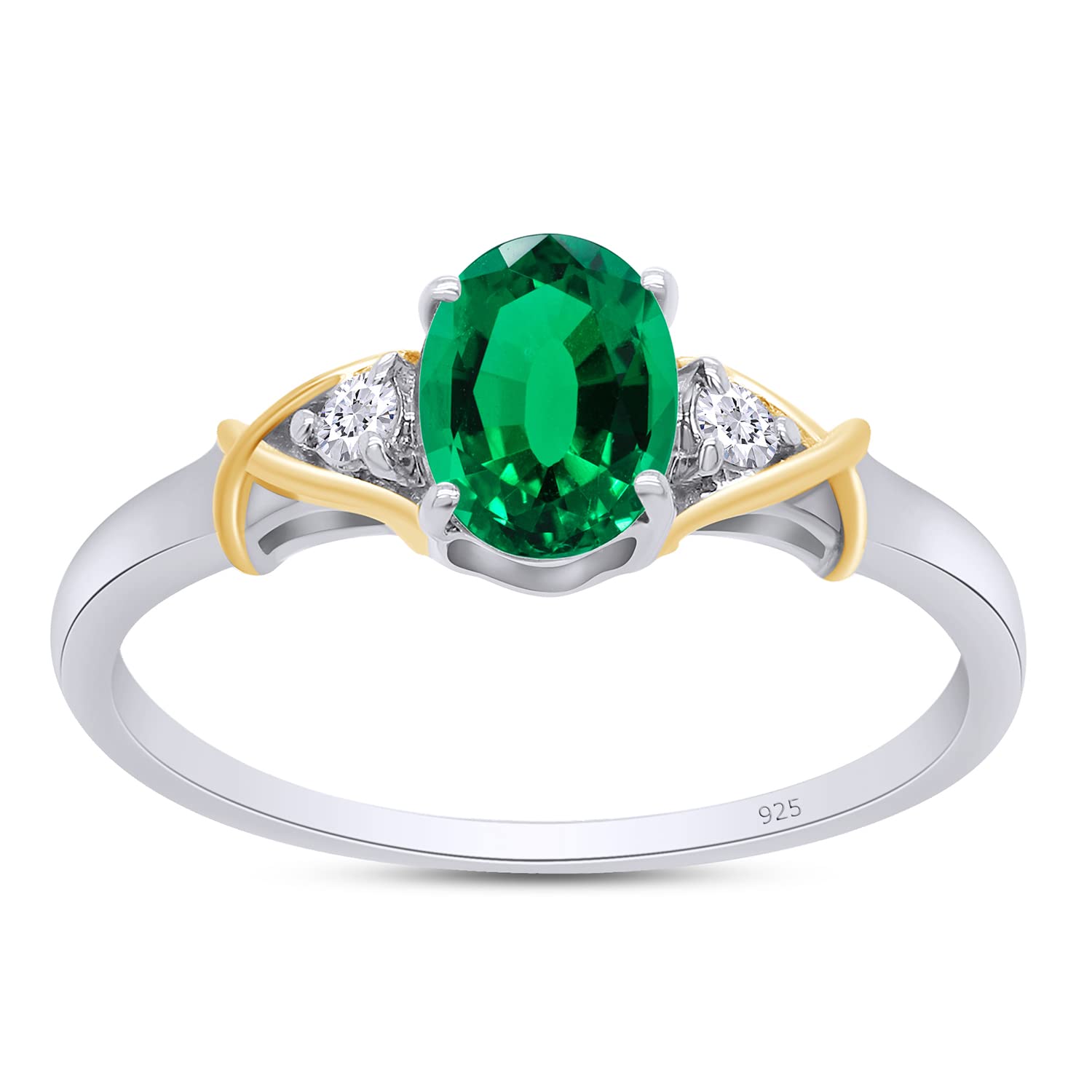 SAVEARTH DIAMONDS 2 Tone 14K Yellow Gold Plated 925 Sterling Silver Oval Shape Green Nano Emerald and Round Shape Lab Grown Diamond Women Ring (0.85 Cttw) Ring Size - 7