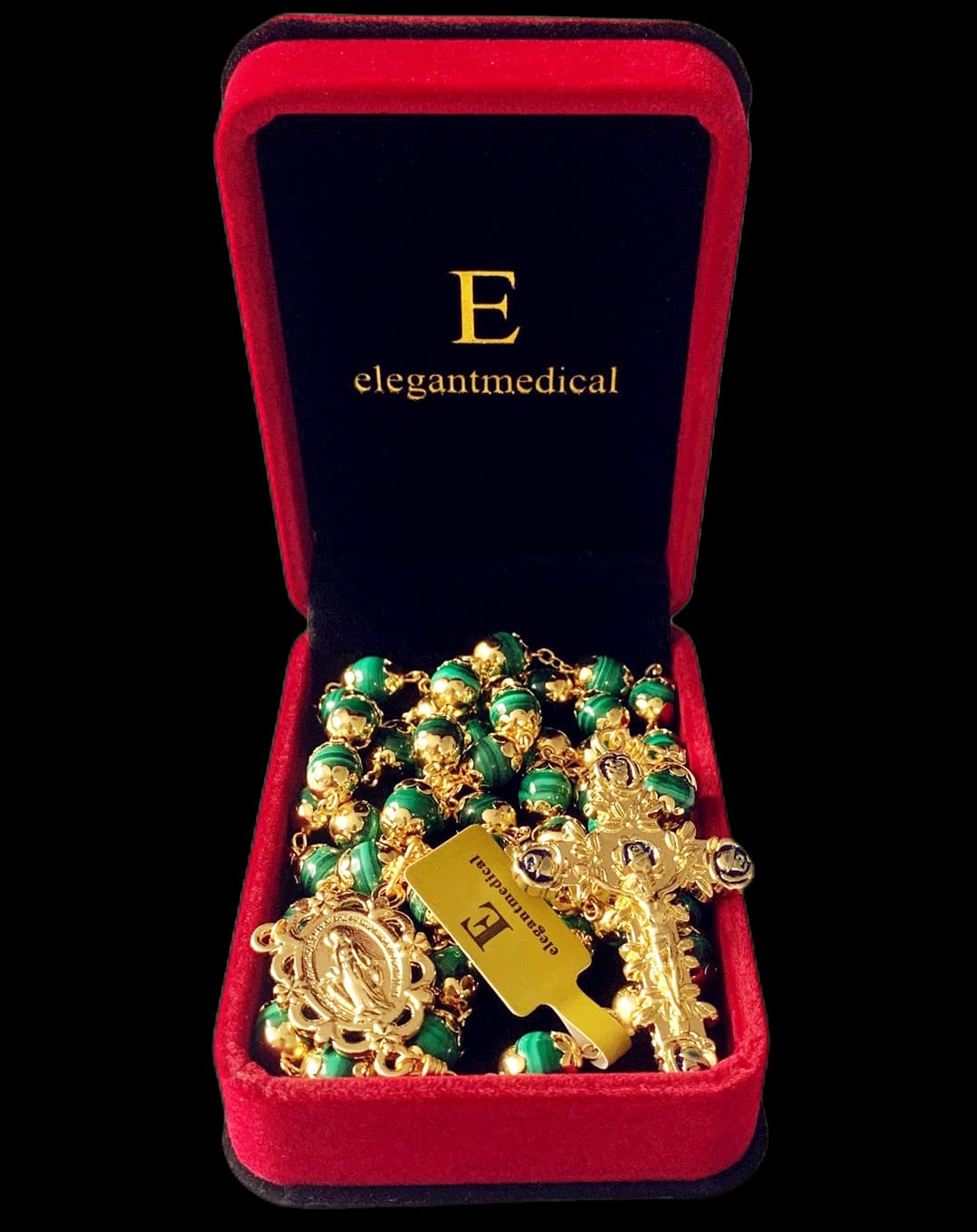 elegantmedical HANDMADE 18K Gold Plated UNDOUBTED Malachite Rosary Prayer Beads Necklace Catholic Gift & Box