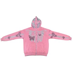 itranyee unisex adult y2k rhinestone skeleton zipper hoodies punk sparkly oversized hooded sweatshirt goth loose jacket (pink, s)