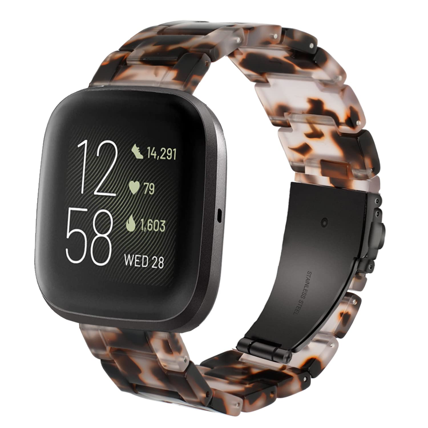 AWSMOR Compatible with Fitbit Versa 2 /Versa/Versa Lite Band Women men Resin Wristbands Strap with Metal Stainless Steel Buckle Replacement for Fitbit Versa 2 Smartwatch（Tortoise Flower）