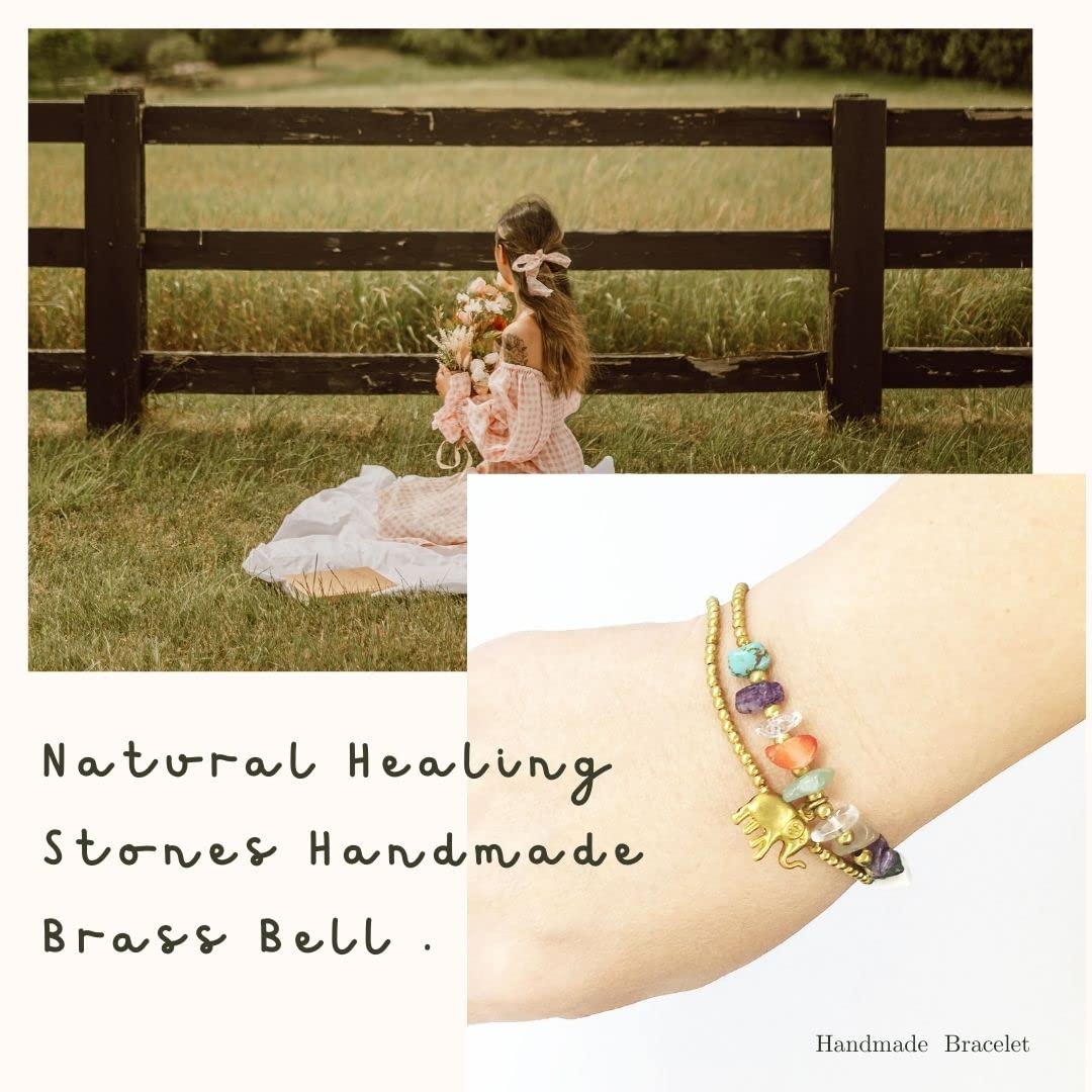 Boho friendship bracelets for women teen girl gifts with natural healing stones Handmade Brass bell Bead.