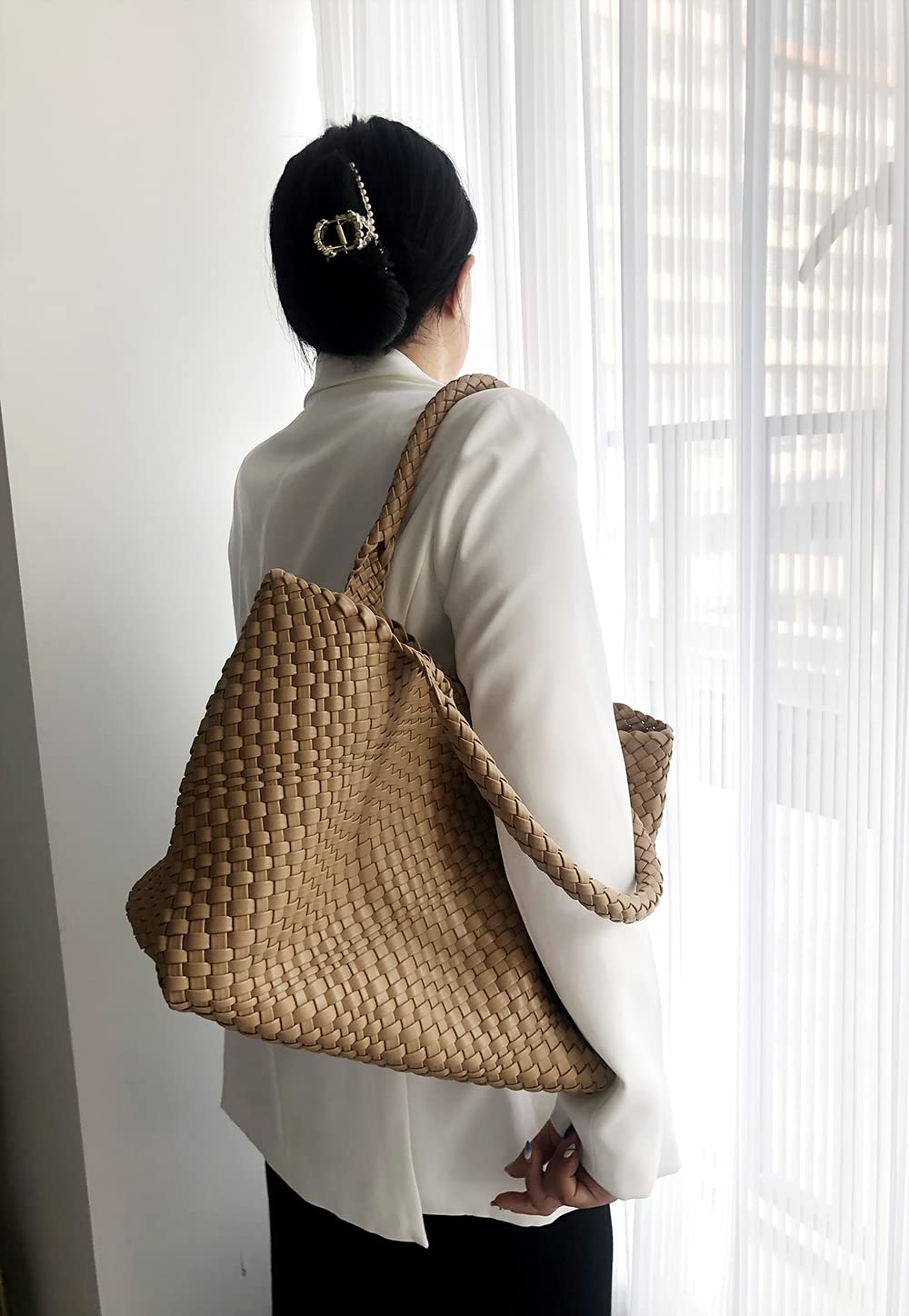 Lmkids Woven Bag for Women, Vegan Leather Tote Bag Large Summer Beach Travel Handbag and Purse Retro Handmade Shoulder Bag (Khaki)