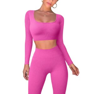 workout sets for women 2 piece ribbed long sleeve sport cropped top matching leggings yoga gym lounge outfits(hot pink,small)